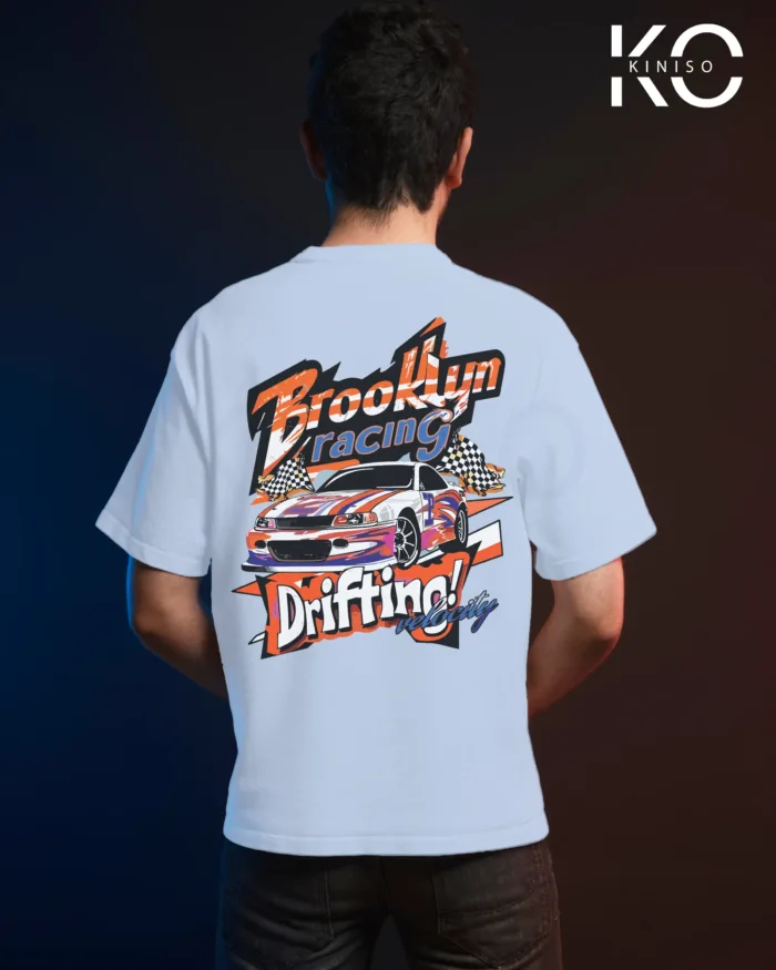 Image of Sky Blue color drop shoulder t-shirt with Brooklyn Racing Drifting Print for men at reasonable price